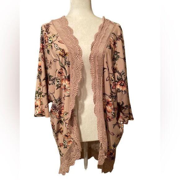 Justify Floral Kimono Cardigan Size L/XL Crocheted Trim - Picture 1 of 8